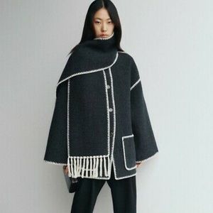 Toteme Single-breasted Tassel Scarf Wool Coat - Dark Gray XS